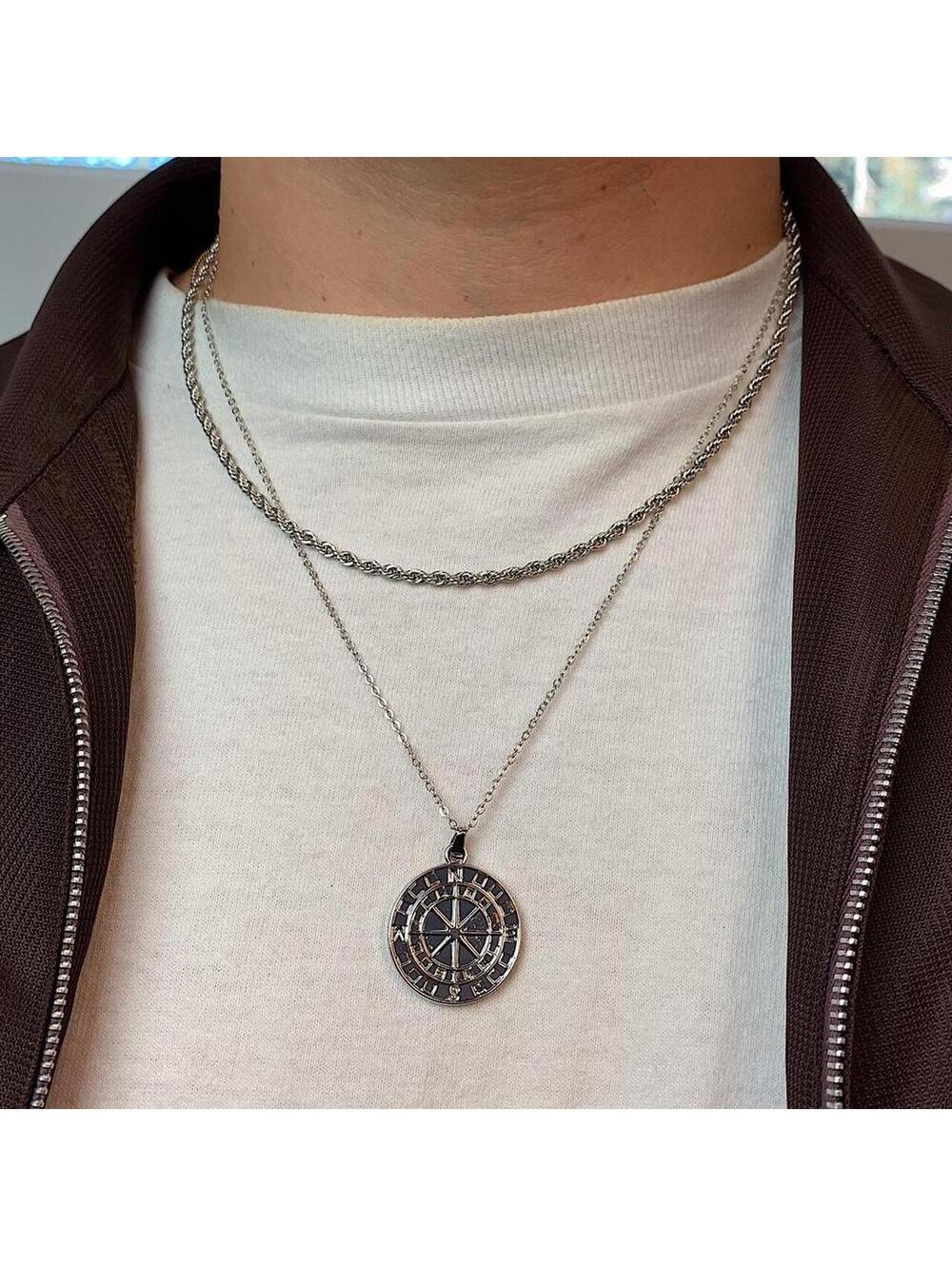 Y2k 2000s style Silver Circle Compass Pendant double layer rope chain Necklace. - Picture 1 of 8